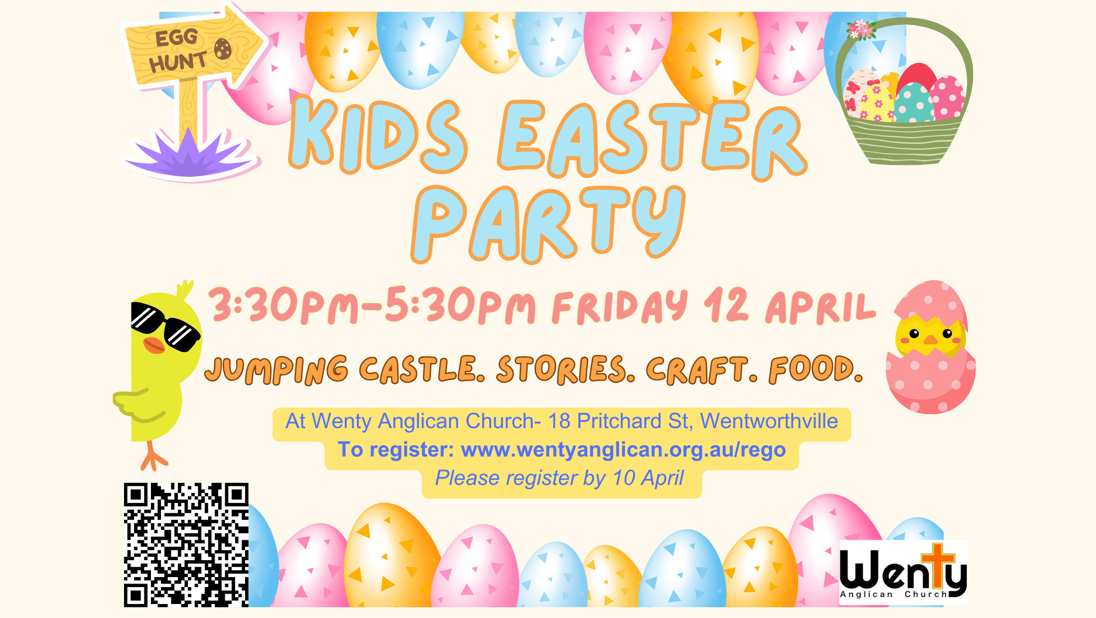 Kids Easter Party. 3:30pm-5:30pm Friday 12 April. Jumping Castle. Stories. Craft. Food. Register by 10th April.